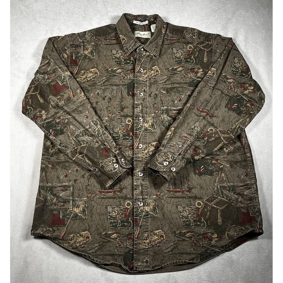 Vintage Eddie Bauer Men's L Elkhorn Canvas Shirt AOP Train Hunting Fishing 90s - Picture 2 of 8